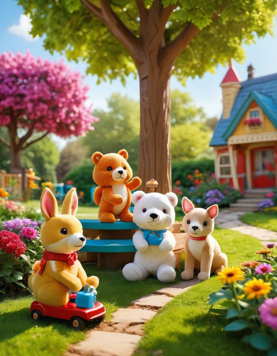 A colorful, whimsical landscape filled with a variety of kid-friendly toys like plush animals, building blocks, and outdoor games. Include kids of diverse backgrounds joyfully playing together, demonstrating family bonds and shared laughter. The scenery features a sunny park with vibrant flowers and trees, enhancing the cheerful atmosphere. The image should evoke feelings of joy, playfulness, and togetherness. super-realistic. vibrant colors. cheerful background.