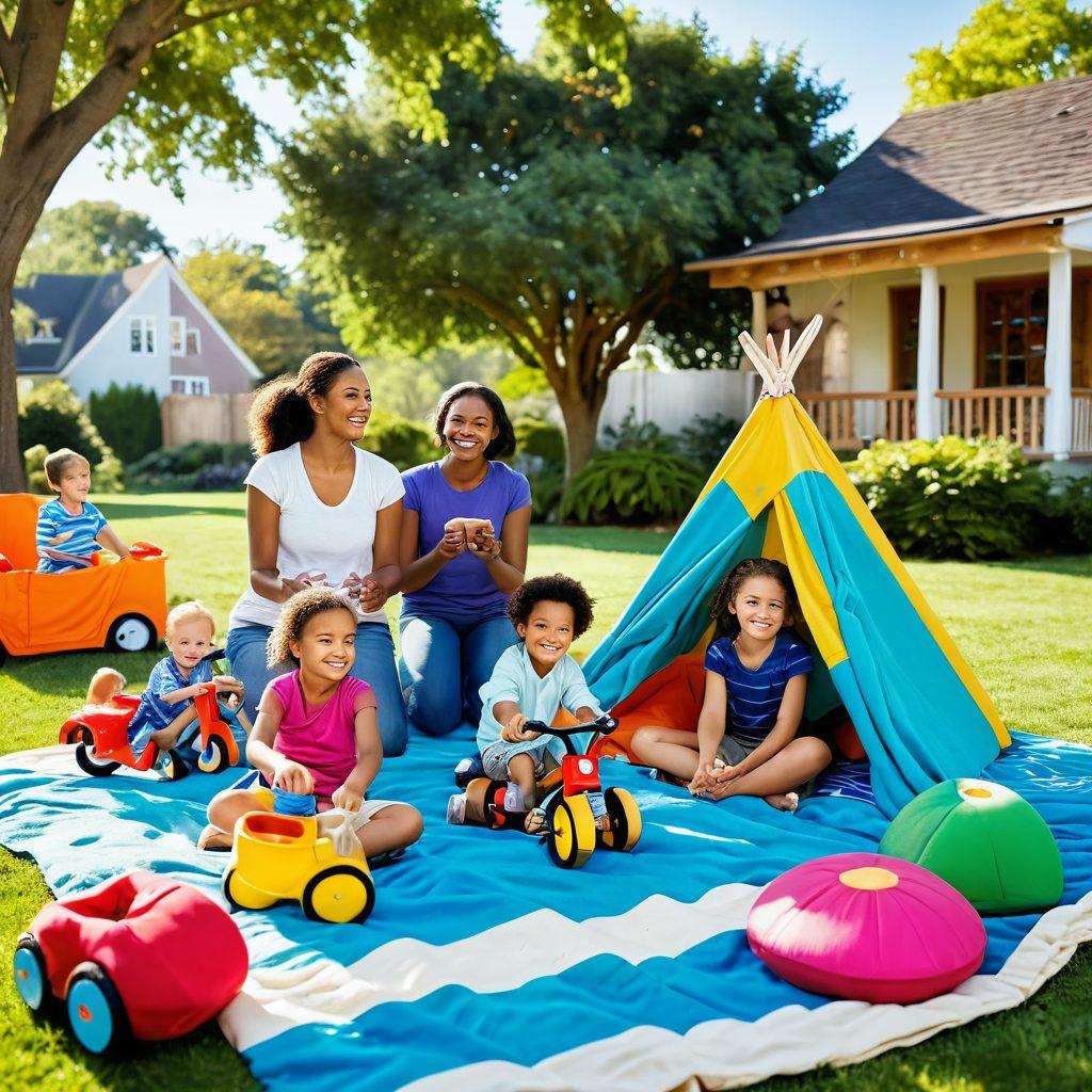 A joyful family engaging in various indoor and outdoor activities, such as playing games in a sunny park, building a fort with blankets at home, and riding bikes together. Each family member exhibits a cheerful expression, emphasizing the importance of bonding. Include vibrant greenery in the park and colorful toys at home to enhance the scene. super-realistic. vibrant colors. bright blue sky.