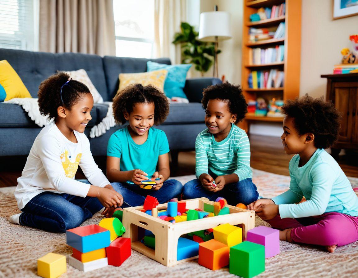 A cozy living room scene with a diverse group of children happily playing with colorful, safe educational toys. Emphasize the safety features of the toys, like soft edges and bright colors. Include a caring parent observing and engaging with the kids, surrounded by books and educational materials. The atmosphere should be warm, inviting, and playful, capturing the joy of learning through play. super-realistic. vibrant colors. cozy setting.